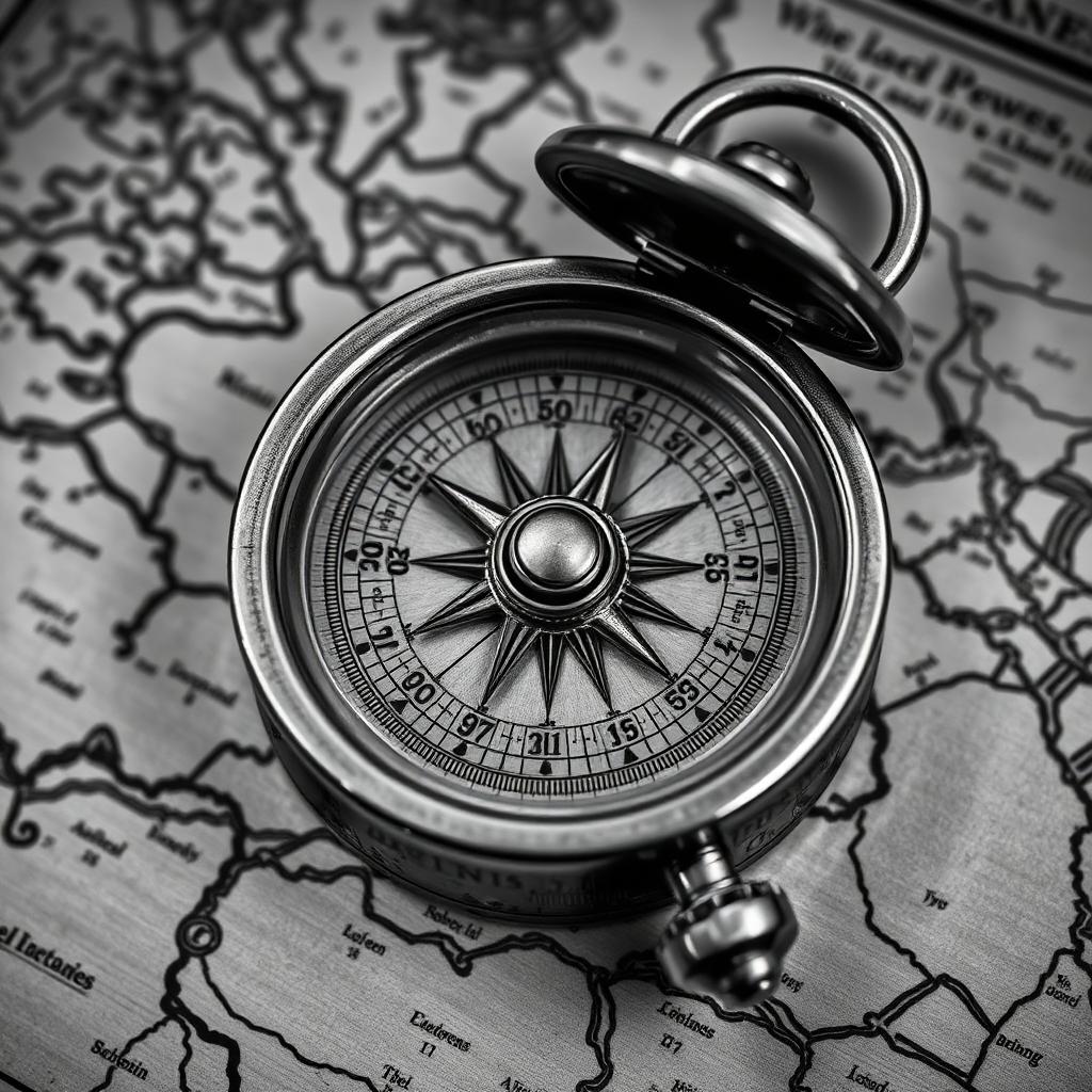 Antique brass compass on a nautical chart in black and white