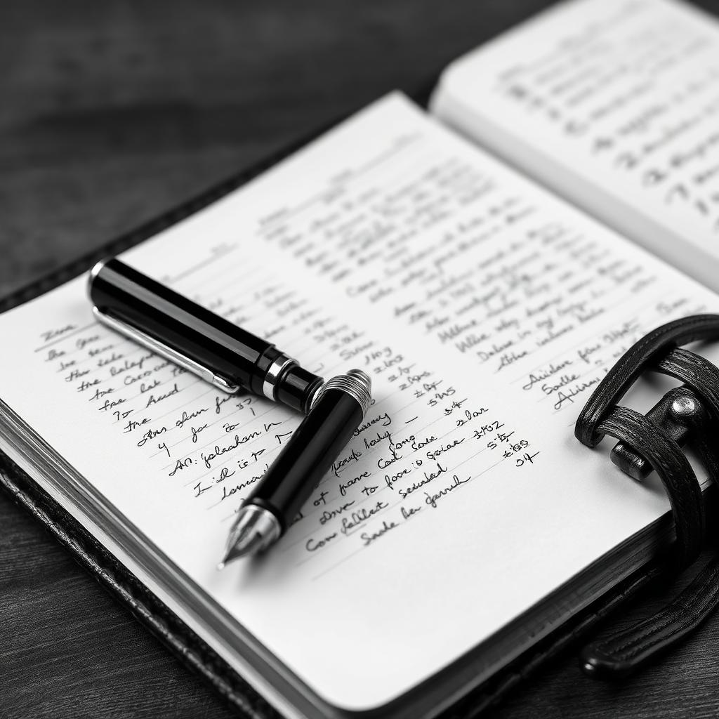 Fountain pen on a leather ledger in black and white