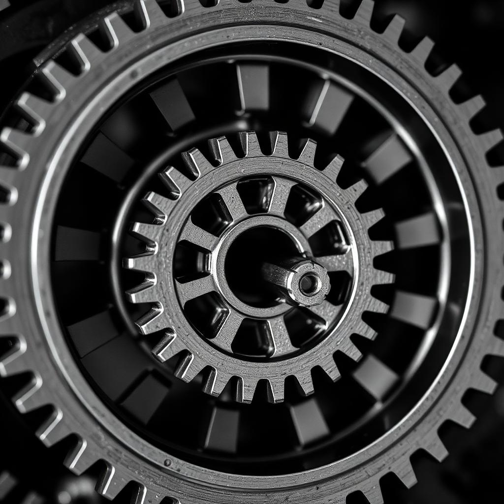 Mechanical workflow gears in sequence in black and white