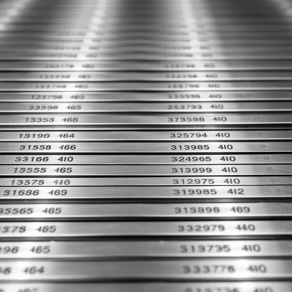Stamped serial-numbered metal plates in black and white