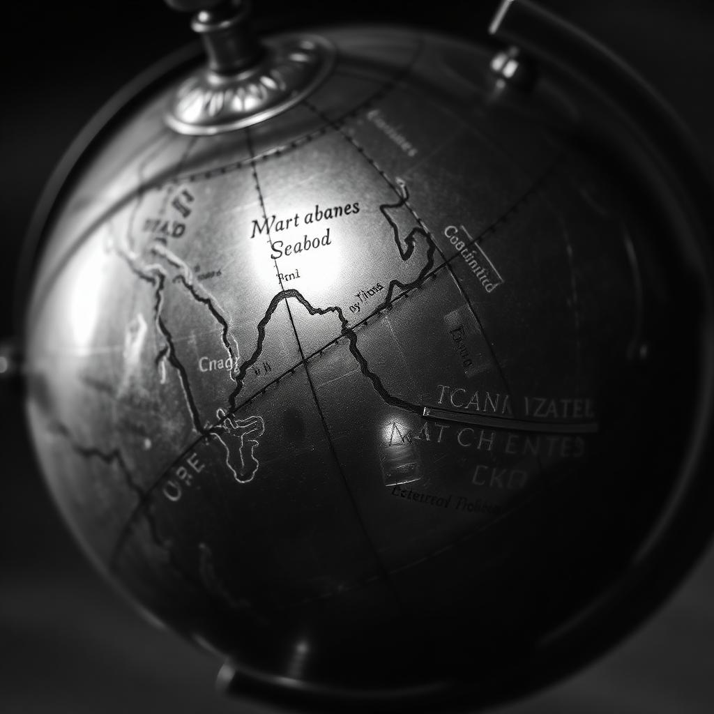 Antique brass globe with engraved meridians in black and white