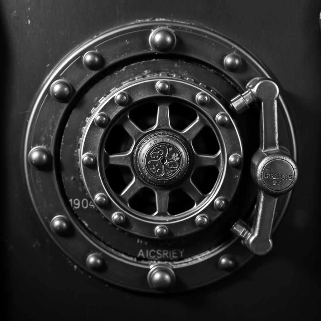 Vault door mechanism in black and white