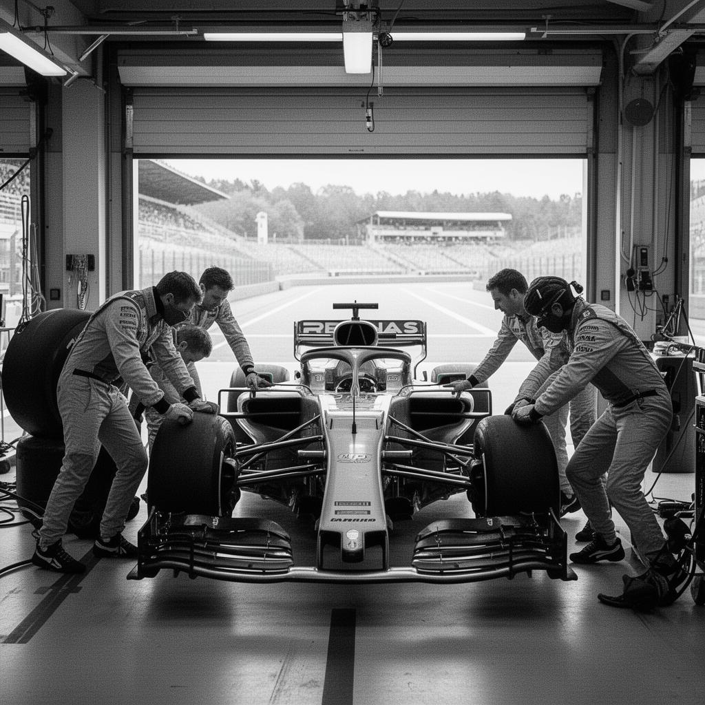 Formula 1 pit-crew choreography in black and white